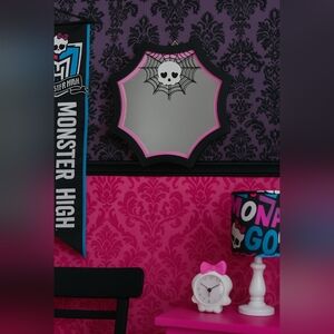 Monster High Inspired Pink and Black Webbed Skull Mirror